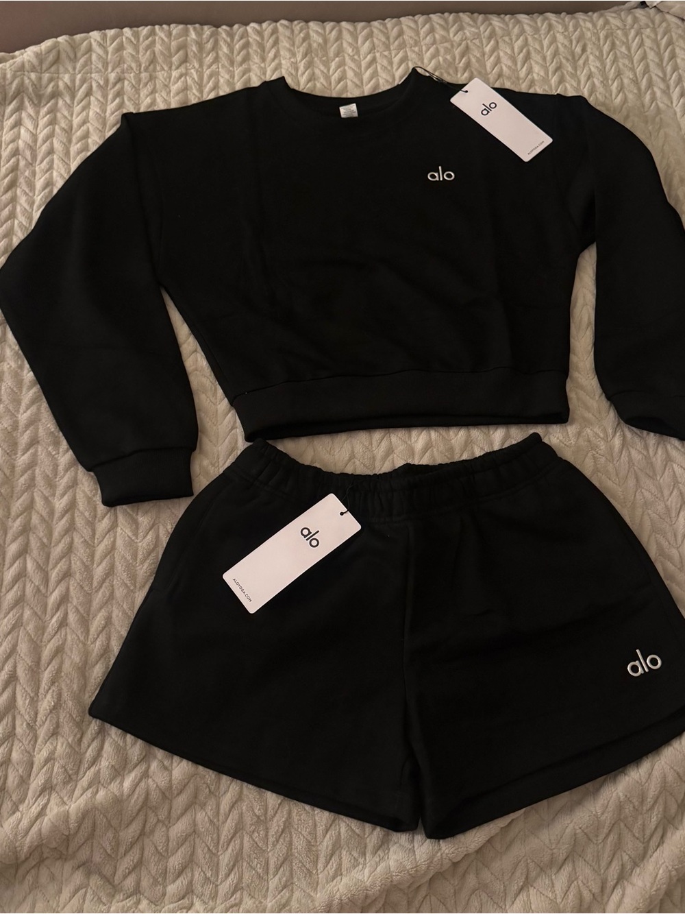 ALO Yoga Black Cropped Sweatshirt & Elastic Waist Shorts
